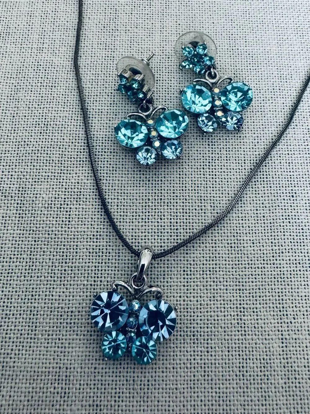 Blue Sparkly Crystal Jewel Butterfly Necklace Earrings Set